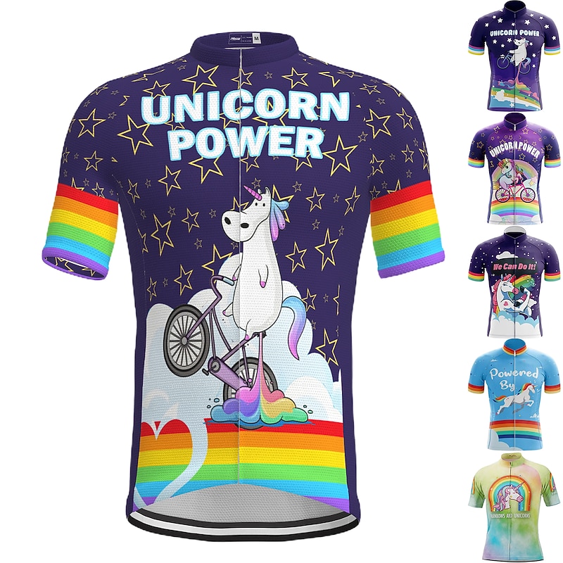 Men's Cycling Jersey Rainbow Unicorn Funny Short Sleeve Bike Jersey Top with 3 Rear Pockets Mountain Bike MTB Road Bike Cycling Quick Dry Soft Reflective Strips Back Pocket Sports Navy White Yellow