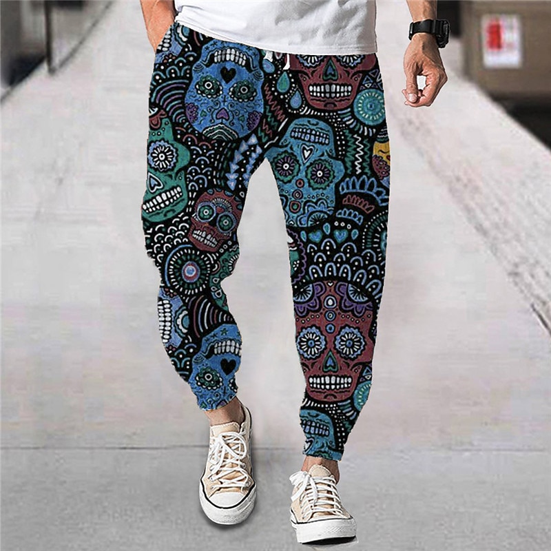 Men's Joggers Trousers Summer Pants Beach Pants Drawstring Elastic Waist Cartoon Skull Graphic Prints Comfort Breathable Sports Outdoor Casual Daily Streetwear Designer Blue Purple Micro-elastic3