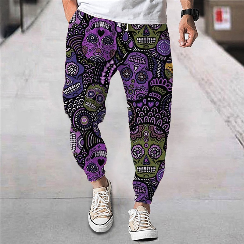 Men's Joggers Trousers Summer Pants Beach Pants Drawstring Elastic Waist Cartoon Skull Graphic Prints Comfort Breathable Sports Outdoor Casual Daily Streetwear Designer Blue Purple Micro-elastic2