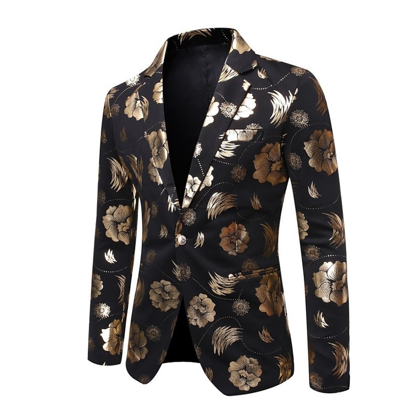 Men's Jacket Blazer Party Street Thermal Warm Breathable Pocket Fall Winter Floral Streetwear Elegant Peaked Lapel Regular Regular Fit Black Jacket