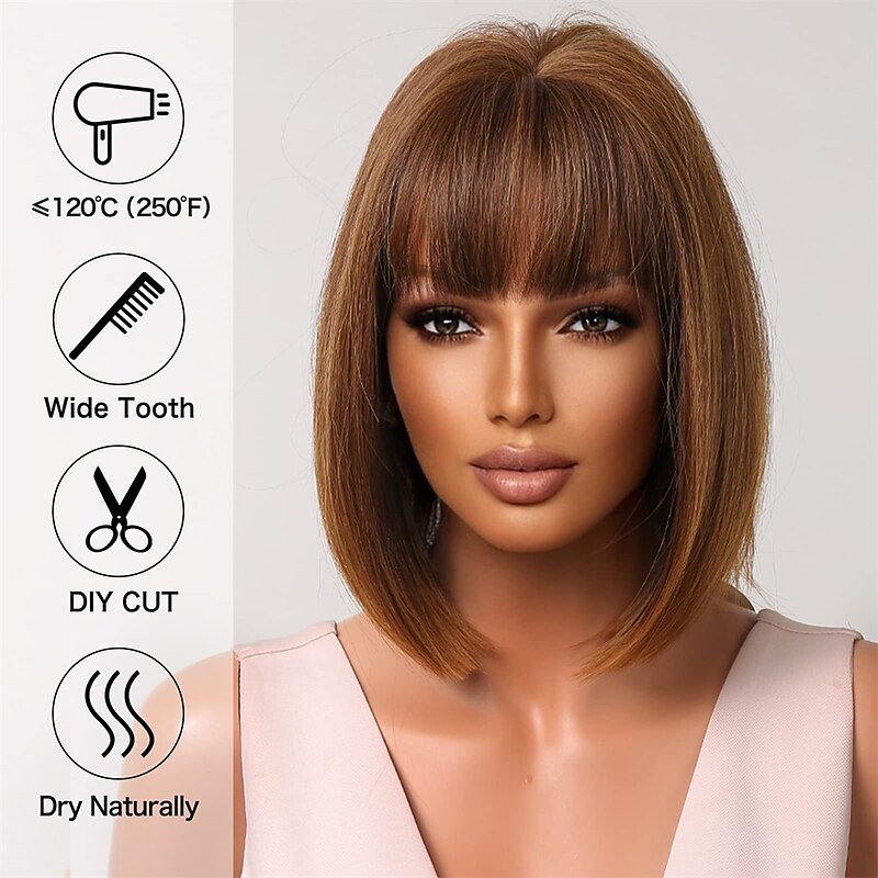 Brown Wigs for Women Short Bob Wigs with Bangs Synthetic Natural Hair Cute Cosplay Wig4