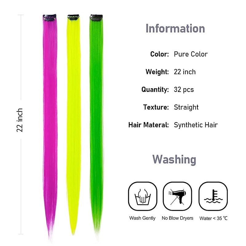 32Packs Colored Hair Extensions 20Inch Straight Color Clip in on Hair Extension Rainbow Party Highlights Synthetic Hairpiece for Girls3