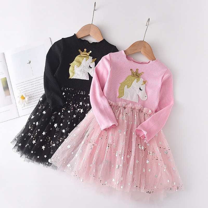 Kids Girls' Dress Animal Cartoon Long Sleeve Sequins Patchwork Basic Cotton Knee-length Tulle Dress 2-8 Years Black Pink Purple