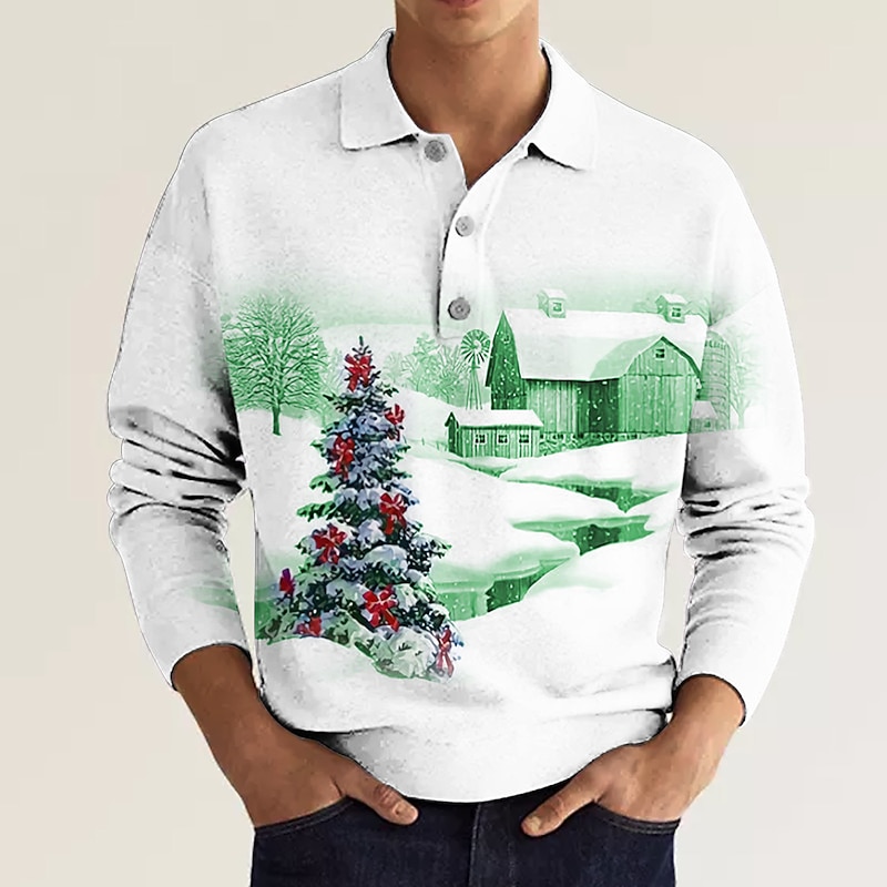 Christmas Men's Christmas Scene 3D Polo Golf Tree Graphic Prints House Turndown Yellow Blue Purple Green Gray 3D Print Street Long Sleeve Print Button-Down Clothing Apparel Fashion Designer Casual4