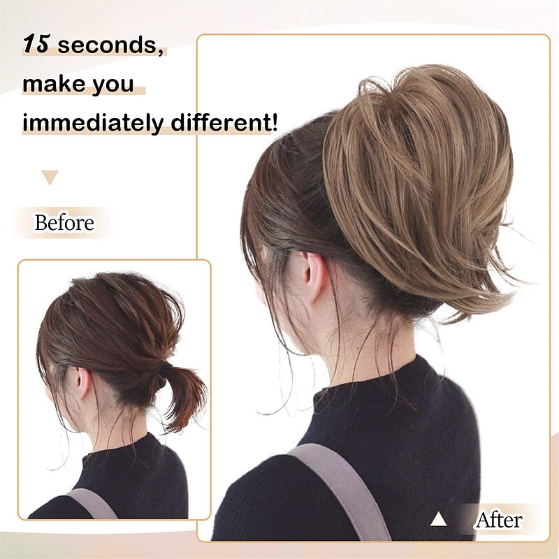 Hair Bun Ponytail Extension Straight Synthetic Hairpiece Fully Short Ponytail Bun Extensions Hair Accessories Elastic Easy Scrunchie for Women Light Golden Brown mix Pale Golden Blonde)2