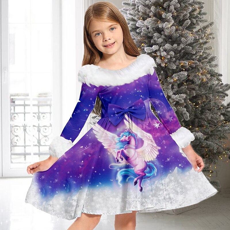 Kids Girls' Dress Animal Unicorn Long Sleeve Casual Fur Trim Crewneck Adorable Daily Polyester Above Knee Casual Dress Swing Dress A Line Dress Fall Winter 3-10 Years Pink Blue Sky Blue