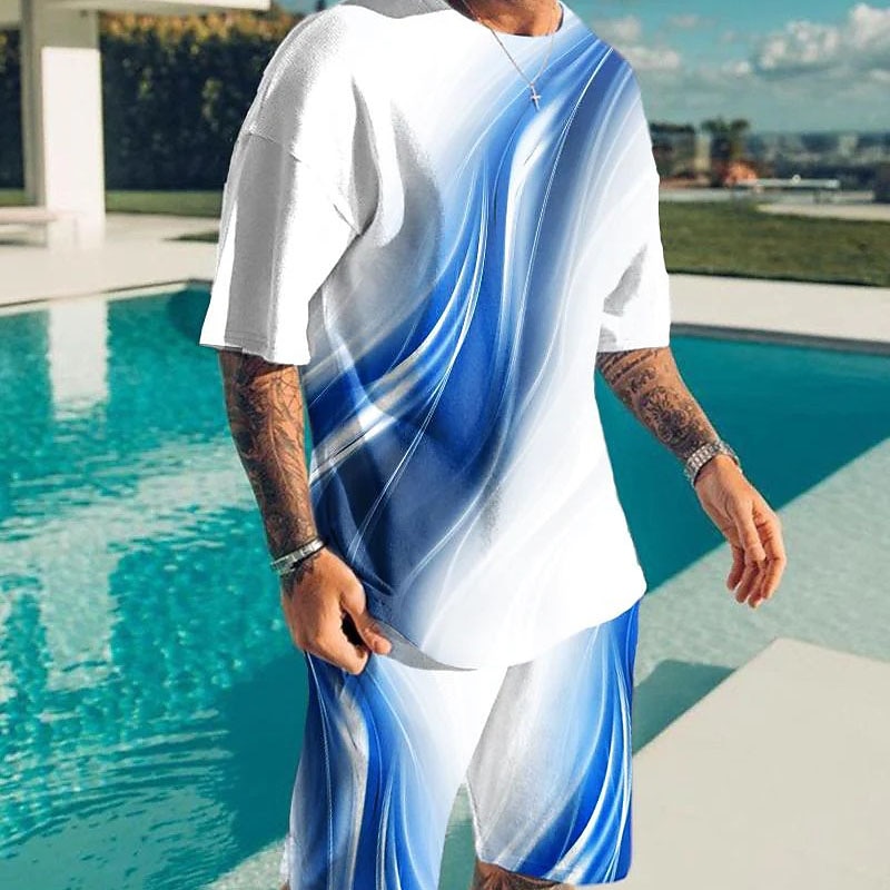 Men's Color Block Graphic Prints 2pcs Tees sets Matching Sets Short Sleeve Short Pants Crew Neck Basic Classic Comfortable Outdoor Street Daily 3D Print Summer Spring Red Blue Purple3