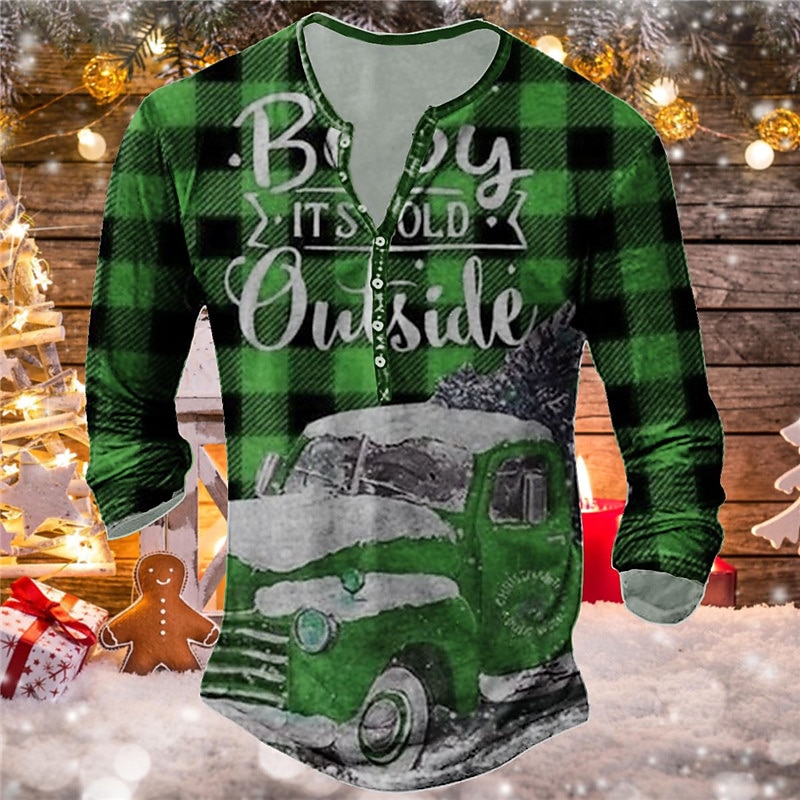 Christmas Men's Christmas Scene Henley T Shirt Tee Henley Tee Graphic Car Plaid / Check Henley Red Blue Green 3D Print Outdoor Long Sleeve Button-Down Print Clothing Apparel Designer Basic Classic2