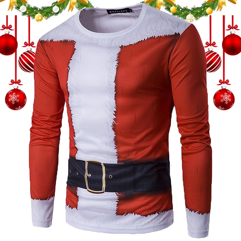Men's Santa Claus Graphic Prints T Shirt Long Sleeve Shirt Crew Neck Christmas Outdoor 3D Print Red Print Clothing Apparel Sports Designer Basic Casual