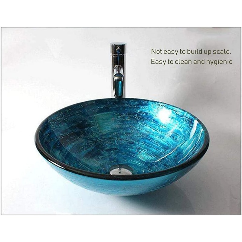 Round Artistic Vanity Basin Sink Bathroom Vessel Tempered Glass Bowl 16.5 inch, Art Wash Basin Mixer Faucet Set with Pop-up Drain, Boat Shape Countertop Above Counter Washroom4