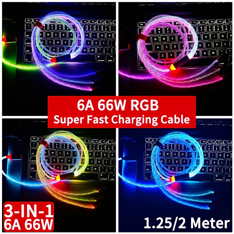3-IN-1 6A 66W RGB Super Fast Charging Cable Type-C Micro USB Charger Cable Flow Cool Colorful Glow Data Line For iPhone Android2