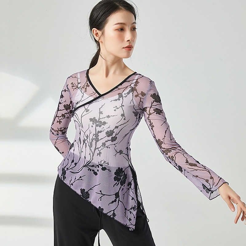 Activewear Top Printing Ruching Women's Performance Training Long Sleeve High Polyester2