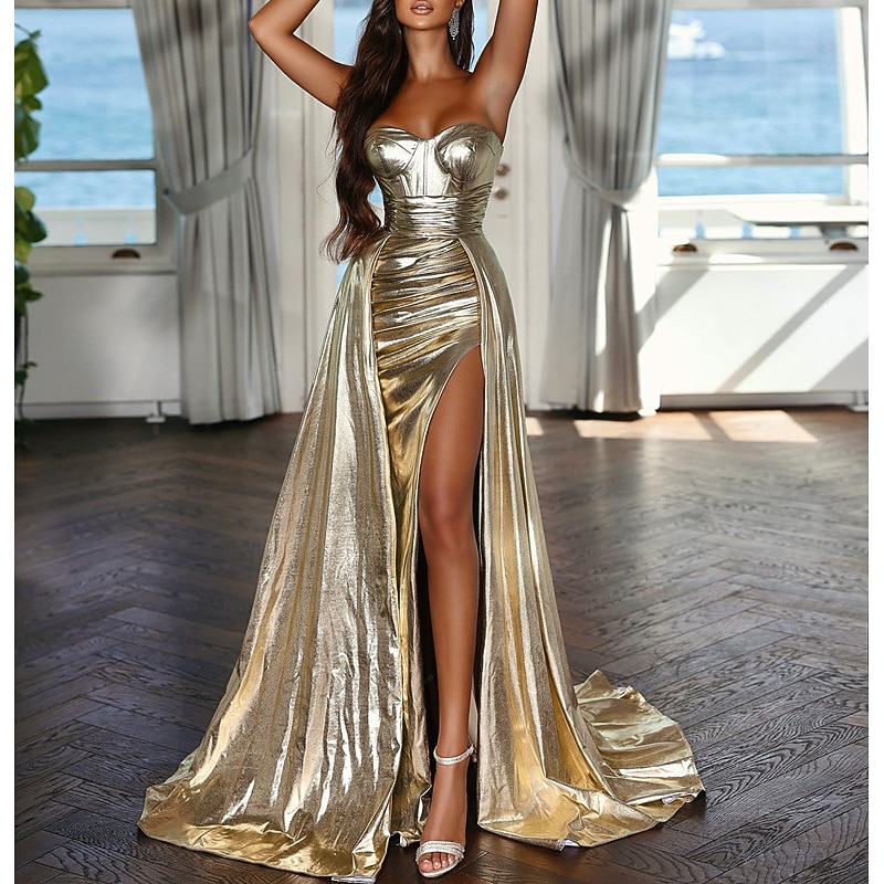 Mermaid Gold Evening Gown Sexy Dress Carnival Formal Court Train Sleeveless Strapless  with Ruched Slit Masquerade Dress