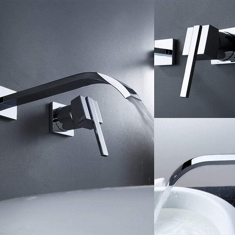 Bathroom Sink Faucets,Brass Waterfall Modern Style Wall Mount Single Handle Two Holes Chrome Finish Bath Tap with Cold and Hot Switch4