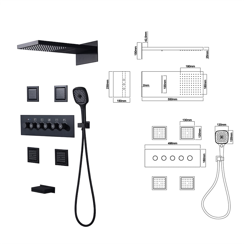 Shower Faucet,Rainfall Shower System 5-Function Thermostatic Mixer valve Body Jet Massage Set Rainfall Shower Multi Spray Shower Waterfall Contemporary Painted Finishes Mount Inside Brass Valve2