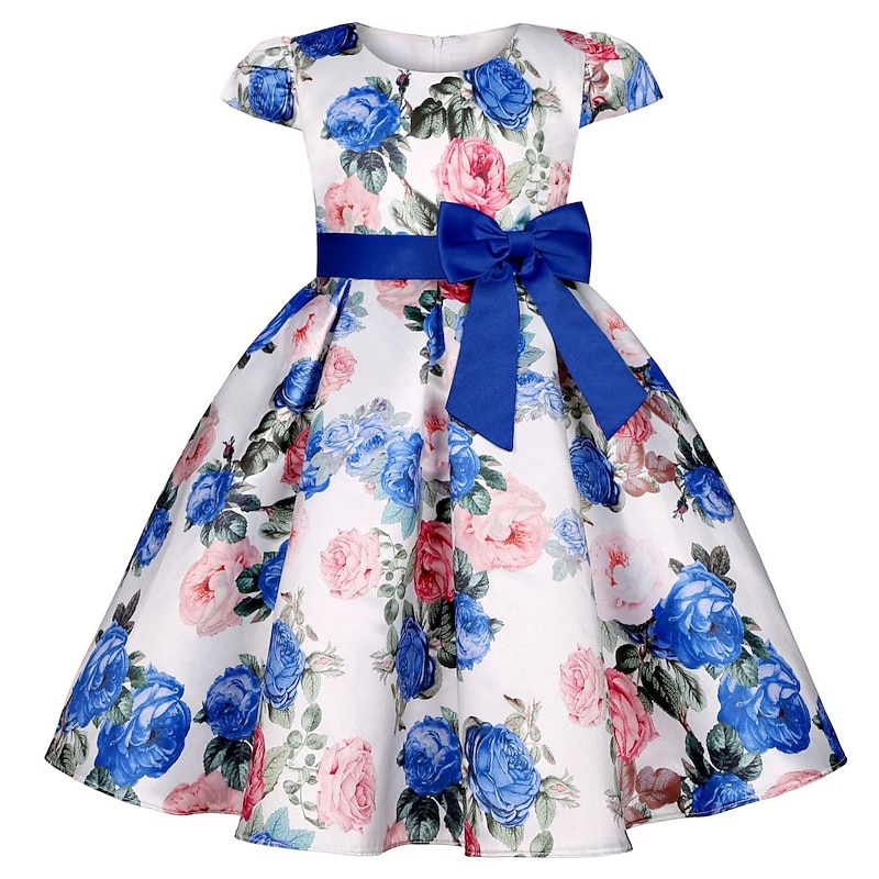 Kids Girls' Dress Party Dress Flower Short Sleeve Performance Christening dress Tie Knot Princess Polyester Midi Party Dress Summer Spring 3-10 Years claret Multicolor Color blue4
