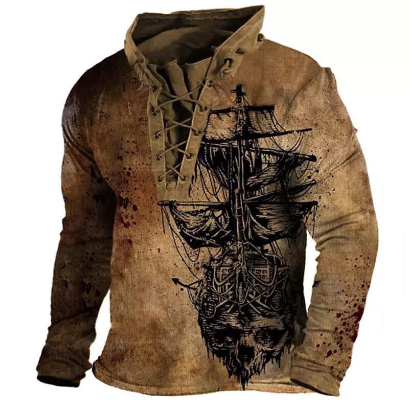 Men's Skull Nautical Graphic Prints Sweatshirt Pullover Long Sleeve Sweatshirt Standing Collar Streetwear Designer Basic 3D Print Sports & Outdoor Casual Daily Lace up Spring &  Fall