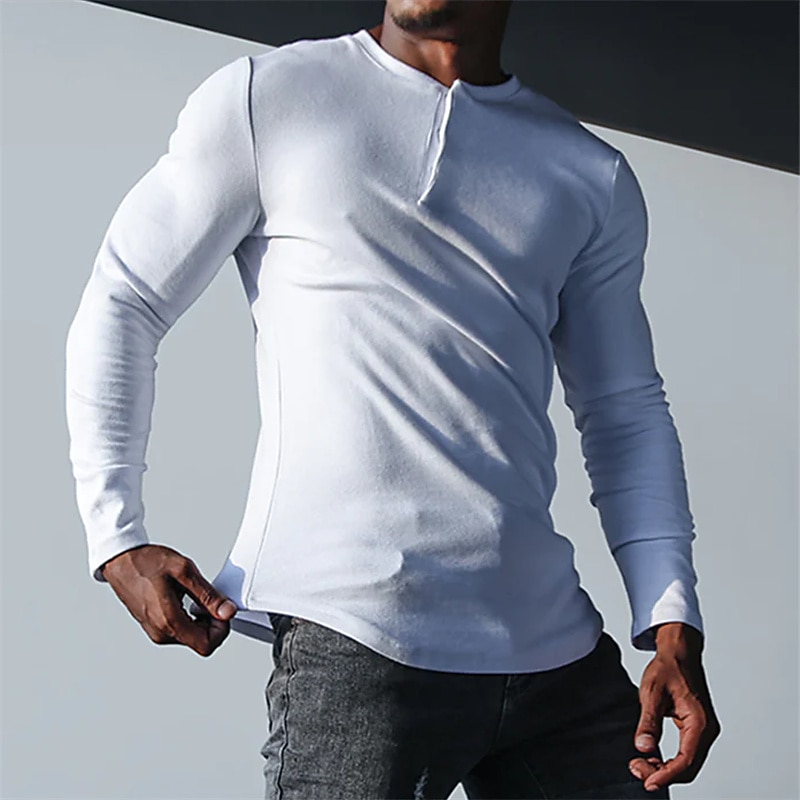 Men's Button T Shirt T Shirt Long Sleeve Shirt Long Sleeve Henley Spring &  Fall Plain Designer Basic Casual Button-Down Street Sports Holiday Black White Gray Top Tee for Men3