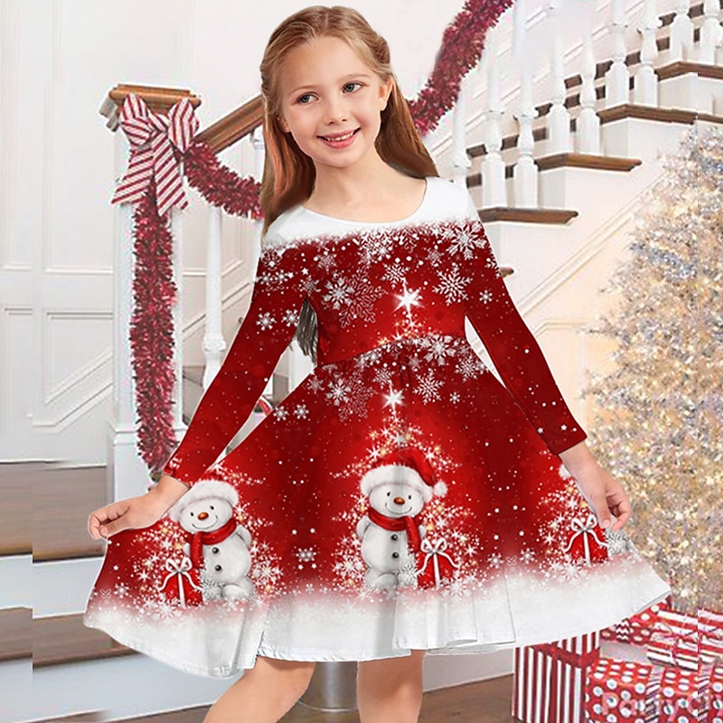 Kids Girls' Christmas Dress Dress Snowflake Dress Snowman Snowflake Long Sleeve Casual Crewneck Adorable Daily Polyester Above Knee Casual Dress Swing Dress A Line Dress Fall Winter 3-10 Years