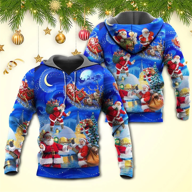 Christmas Men's Santa Claus 3D Hoodies Pullover Blue Hooded Santa Claus Graphic Prints Ugly  Print Daily Sports 3D Print Basic Streetwear Designer2