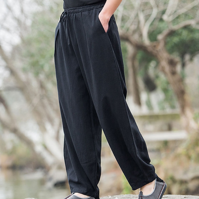 Men's Linen Pants Trousers Summer Pants Bloomers Baggy Pants Pocket Elastic Waist Plain Breathable Casual Daily Streetwear Ethnic Style Black Navy Blue Inelastic4