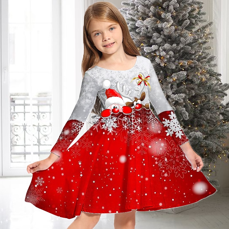 Kids Girls' Christmas Dress Dress Snowflake Dress Snowflake Long Sleeve Casual Crewneck Adorable Daily Polyester Above Knee Casual Dress Swing Dress A Line Dress Fall Winter 3-10 Years Multicolor2