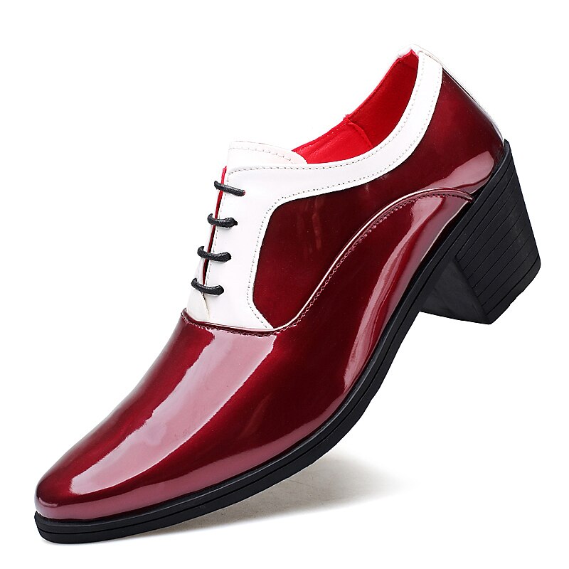 Men's Faux Patent Leather Oxford Shoes – Red and White Lace-Up Dress Shoes with Block Heel, Stylish Formal Footwear for Weddings, Parties, and Stage Performance