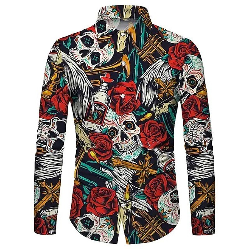 Men's Floral Skull Sunflower Shirt Long Sleeve Fashion Designer Casual Halloween Street Casual Fall & Winter Turndown Print Button-Down Black and Red Wine Black White Yellow4