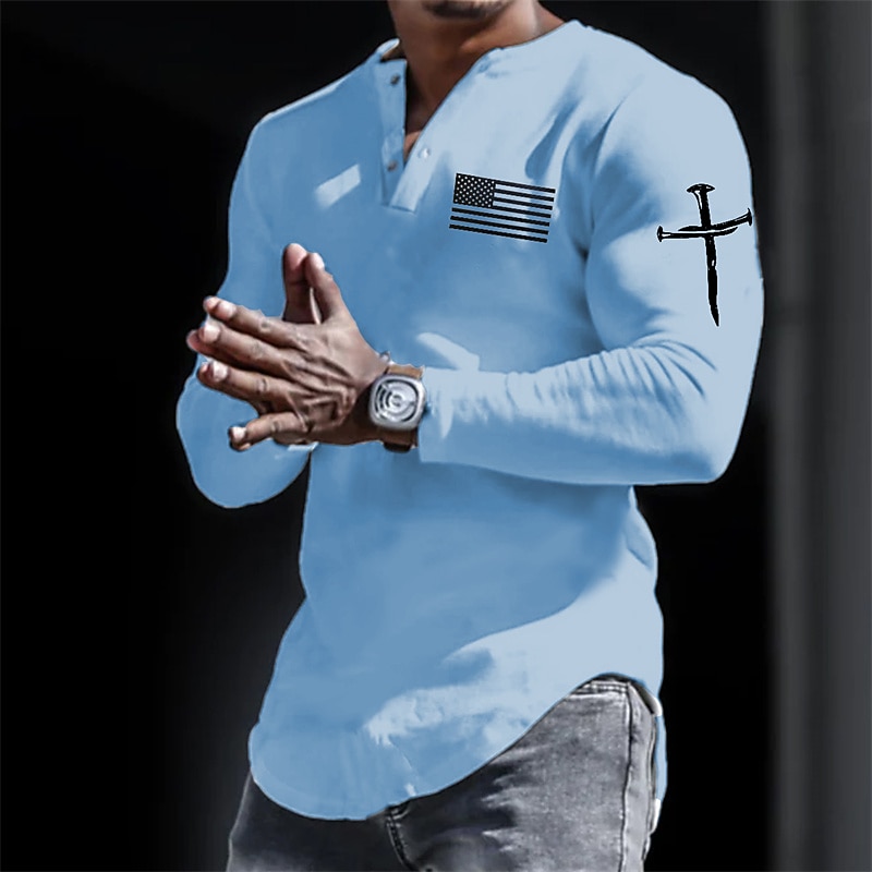Men's Henley Shirt Cool Shirt Long Sleeve Shirt Long Sleeve Henley Spring &  Fall Graphic Prints National Flag Designer Casual Comfortable Print Button-Down Street Sports Holiday White Dark Gray Top3