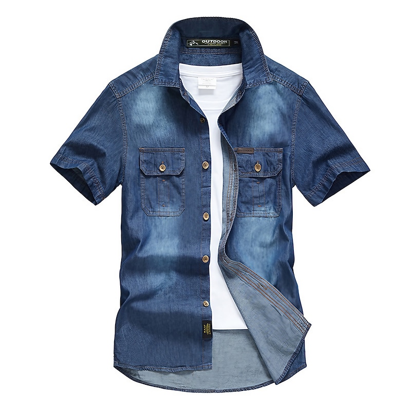 Men's Shirt Chambray Shirt Summer Shirt Jeans Shirt Button Up Shirt Denim Shirt Navy Blue Blue Light Blue Short Sleeve Plain Solid Colored Turndown Outdoor Vacation Button-Down Clothing Apparel