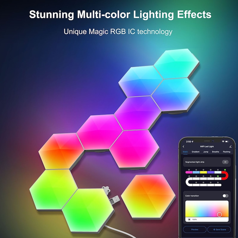 Hexagonal LED Glow Lights, RGBIC Hexagon LED Wall Lights, Wi-Fi Smart Home Creative Wall Lights with Music Sync, Works with Alexa Google Assistant, Remote APP Music Control USB, 3/6/10 Packs4