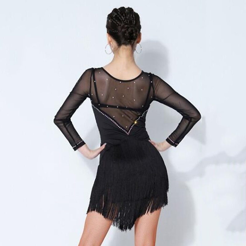 Latin Dance Dress Tassel Splicing Crystals / Rhinestones Women's Performance Training Long Sleeve Mesh Spandex3