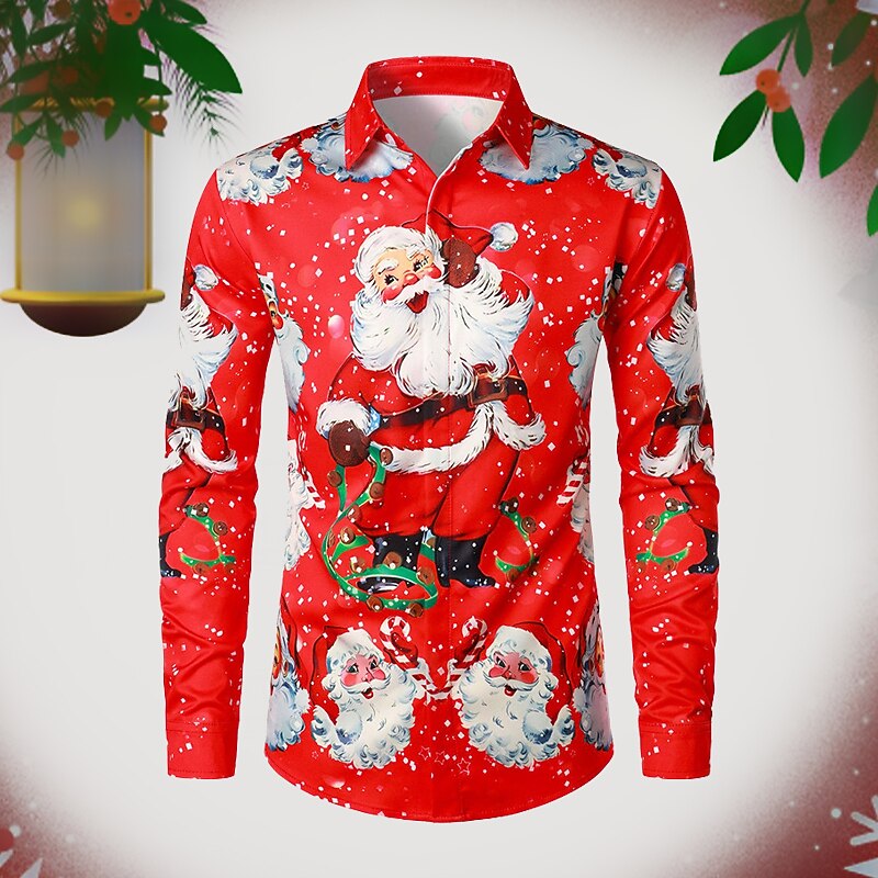 Christmas Men's Santa Claus Printed Shirts Shirts Santa Claus Graphic Prints Turndown White / Black Green Light Green Black / Red Red 3D Print Street Long Sleeve Button-Down Print Clothing Apparel