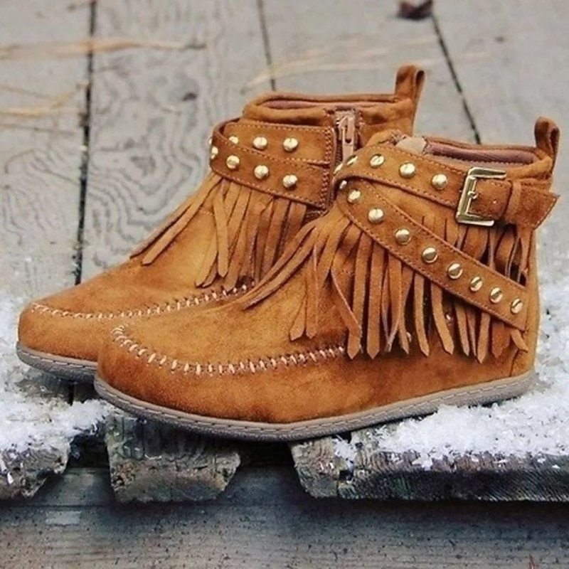 Women's Brown Faux Suede Fringe Ankle Boots - Boho Style with Studded Strap and Side Zipper for Casual Fall Fashion