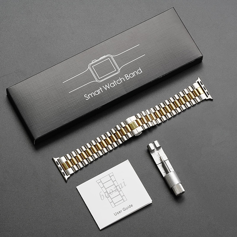 Link Bracelet Compatible with Apple Watch band 38mm 40mm 41mm 42mm 44mm 45mm 49mm Men Two Tone Metal Clasp Stainless Steel Strap Replacement Wristband for iwatch Ultra 2 Series 9 8 7 SE 6 5 4 3 2 13