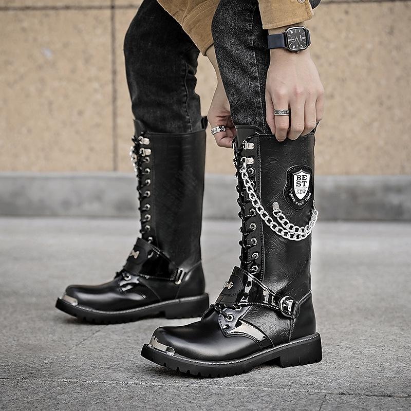 Men's Gothic Punk Motorcycle Boots with Chains and Metal Details - Rugged and Stylish Combat Boots for Biker Events and Casual Outings