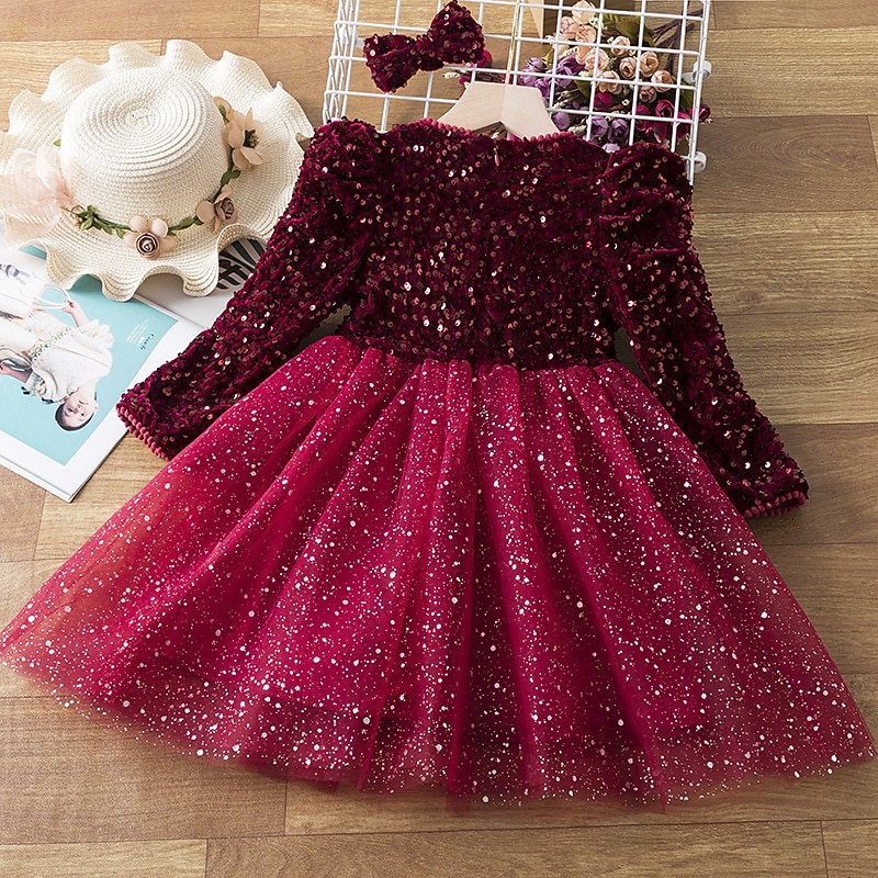 Toddler Girls' Party Dress Solid Color Long Sleeve Performance Sequins Mesh Cute Princess Polyester Knee-length Tulle Dress Summer Spring 3-7 Years Red Gray
