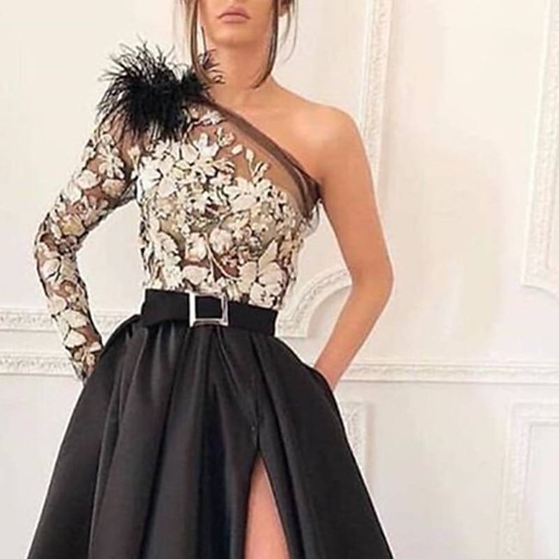 A-Line Black Evening Gown Vintage Dress Formal Wedding Guest Court Train Long Sleeve One Shoulder Satin with Feather Slit2