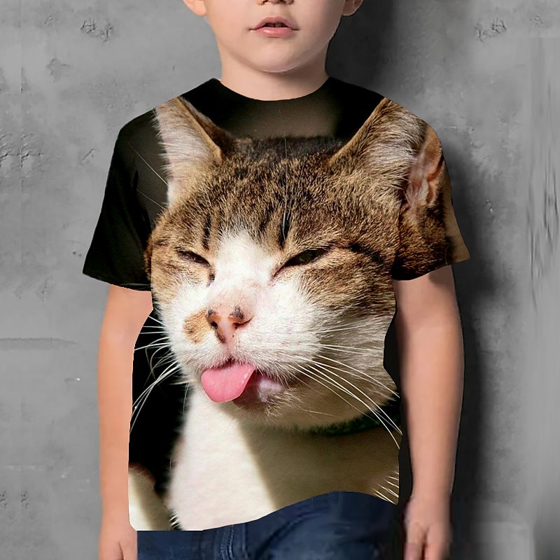 Kids Boys T shirt Tee Animal Cat Short Sleeve Crewneck Children Top Casual 3D Print Adorable Daily Summer Black 3-12 Years2