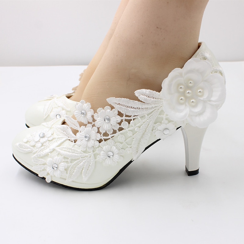 Women's White Wedding Heels – Lace Floral Embellishments with Pearl and Rhinestone Accents, Perfect for Brides and Special Occasions