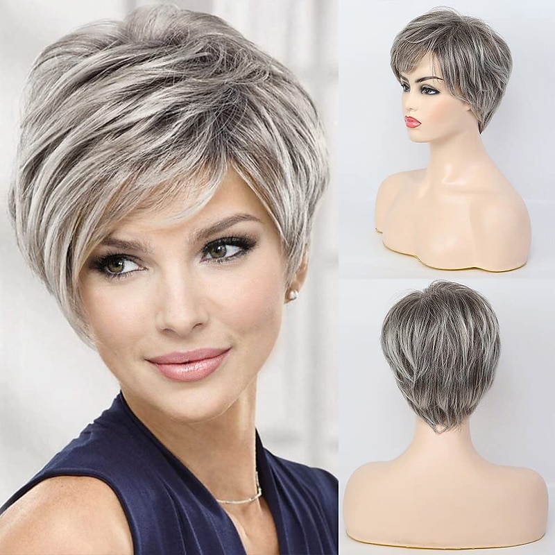 Short Grey Blend Wigs for Women,Natural Hair Daily Pixie Cut Wig, Softer/Finer/Lightweight