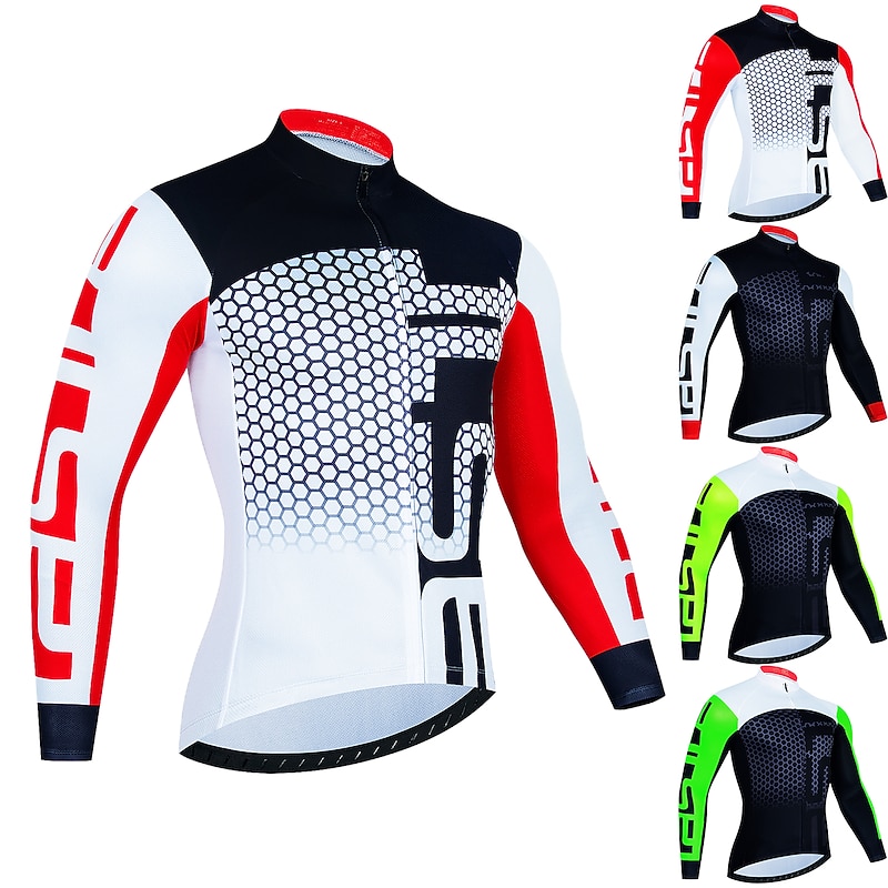 Men's Cycling Jersey Honeycomb Long Sleeve Bike Jersey Top with 3 Rear Pockets Mountain Bike MTB Road Bike Cycling Quick Dry Reflective Strips Back Pocket Moisture Wicking Sports Black White Red