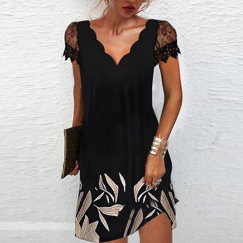 Women's Midi Dress Casual Dress Shift Dress Elegant Fashion Basic Lace Sleeve Vacation Daily Holiday Regular Fit Floral Short Sleeve V Neck Scalloped Neck Black Rainbow Summer Spring4