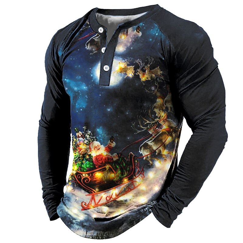 Christmas Men's Santa Claus Henley T Shirt Henley Tee Tee Graphic Santa Claus Henley Sea Blue Green Black Blue Purple 3D Print Outdoor Long Sleeve Patchwork Button-Down Clothing Apparel Basic4