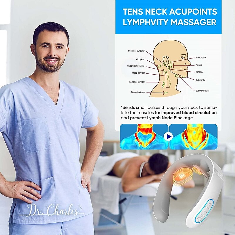 EMS Neck Acupoints Lymphvity Massage Device Intelligent Neck Massager for Pain Relief DeepTissue Electric Portable Lymphatic Drainage Massager with Heat 10 Modes 15 Levels Cordless4