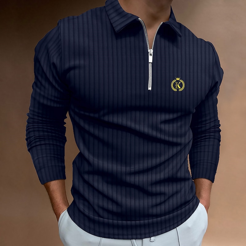 Men's Polo Shirts Zip Polo Outdoor Going out Turndown Quarter Zip Long Sleeve Sportswear Casual Solid Color Striped Patchwork Zipper Spring &  Fall Slim Fit Black White Yellow Wine Red Navy Blue Polo
