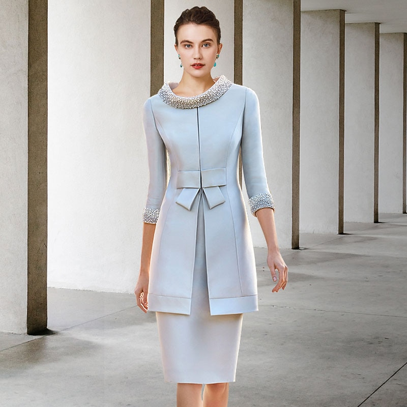 Two Piece Sheath Mother of the Bride Dress Wedding Guest Church Elegant Jewel Satin Cap Sleeve Jacket Dresses with Sash / Ribbon Bow(s) Beading Race Day Dress