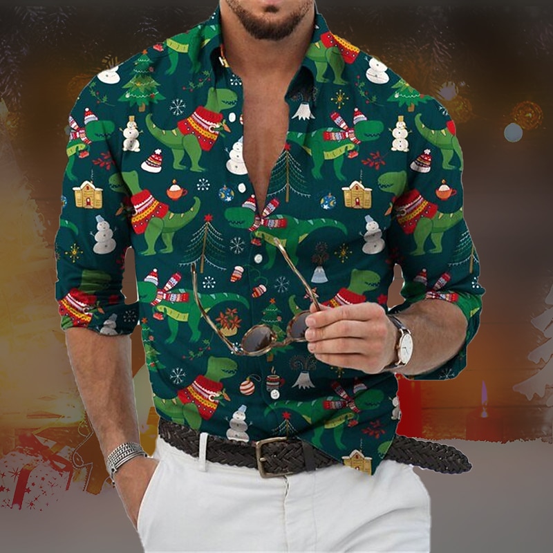 Christmas Men's Christmas Scene Printed Shirts Shirts Animal Dinosaur Graphic Prints Turndown Green Beige White 3D Print Street Long Sleeve Button-Down Print Clothing Apparel Fashion Designer Casual