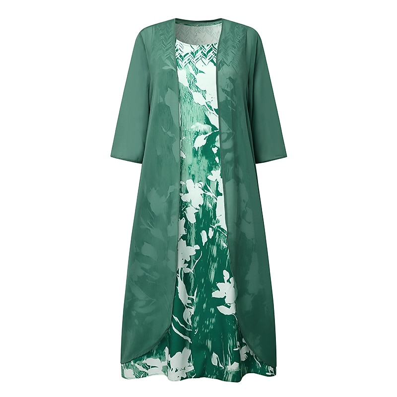 Women's Graduation Dress Midi Dress Two Piece Dress Set Dress Green Blue Gray Half Sleeve Floral Print Summer Spring U Neck Casual2