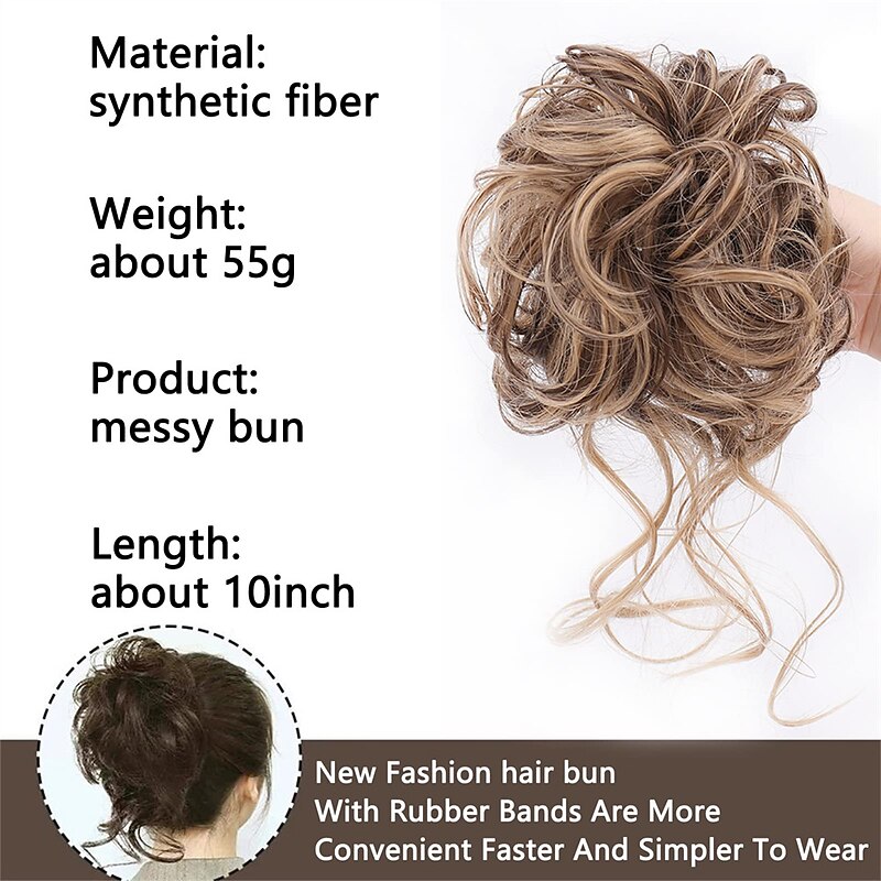 Messy Bun Curly Wavy Synthetic Hair Scrunchies Extension Hairpieces for Women Bun Wig Claw in Bun Messy Chignons Hair Extensions(12H24#Light Golden Brown Mix Golden Brown)2